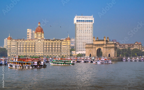 Panoramic view of Mumbai cityscape & Gateway of India from harbour at Maharashtra, India.