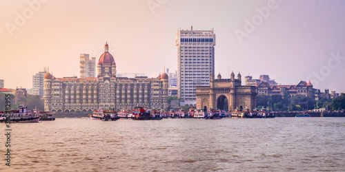 Panoramic view of Mumbai cityscape & Gateway of India from harbour at Maharashtra, India.