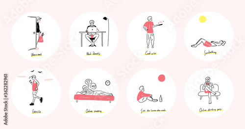 Daily Routine During Quarantine. Easily editable vector illustration on layers.
おうち時間　ベクターイラスト
