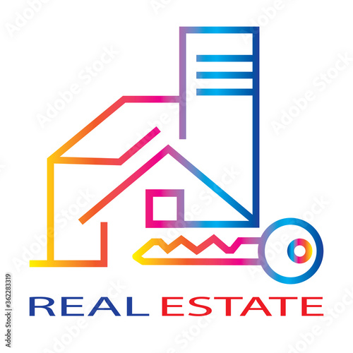 Real estate logo, colorful gradient, line drawn, houses, apartment building and key on white background, vector template.  