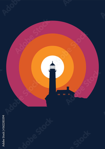 Old Lighthouse, Cliff Silhouette Original Color Illustration