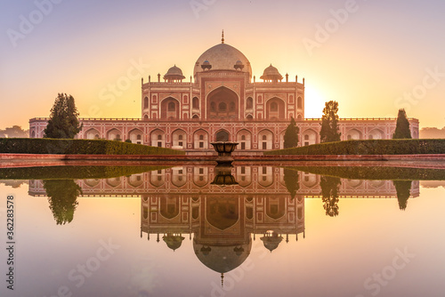 Humayun's tomb of Mughal Emperor Humayun designed by Persian architect Mirak Mirza Ghiyas in New Delhi, India. Tomb was commissioned by Humayun's wife Empress Bega Begum in 1569-70.
