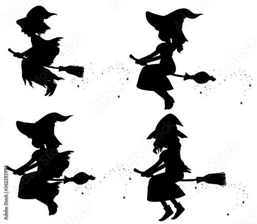 Witches in silhouette cartoon character isolated on white background