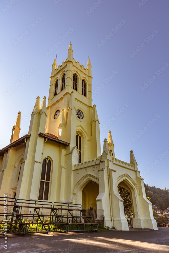 Facade of Christ church situated at ridge road large open space & hub of all cultural activities, located in the heart of Shimla, the capital city of Himachal Pradesh, India.