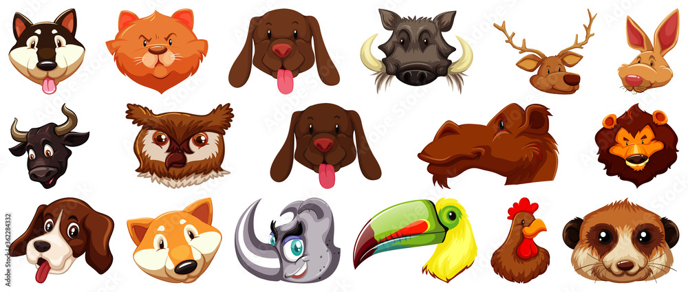 Fototapeta premium Set of different cute cartoon animals head huge isolated on white background