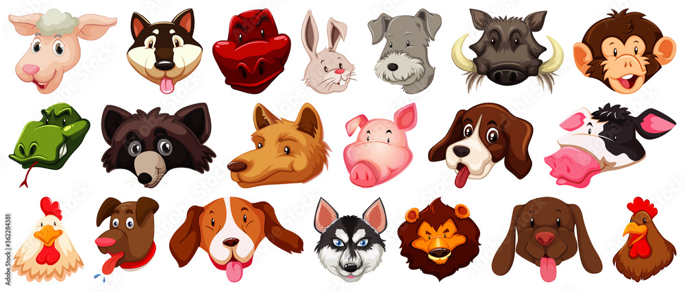 Obraz premium Set of different cute cartoon animals head huge isolated on white background