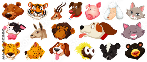 Set of different cute cartoon animals head huge isolated on white background