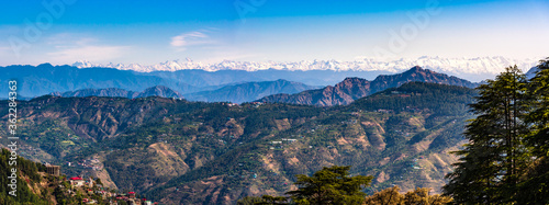 Beautiful panoramic cityscape of Shimla, the state capital of Himachal Pradesh located amidst Himalayas of India.