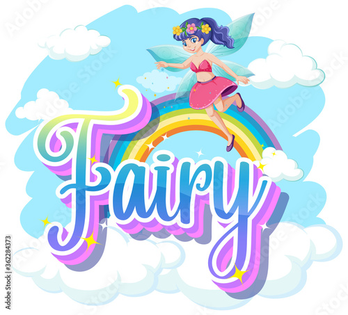 Fairy logo with little fairies on rainbow sky background