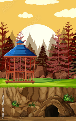 Animal park construction without animal on sunset background in cartoon style photo
