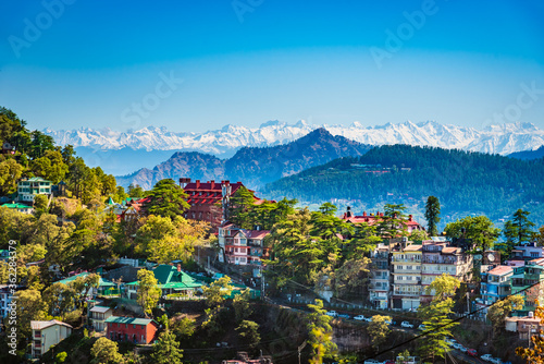 Beautiful panoramic cityscape of Shimla, the state capital of Himachal Pradesh located amidst Himalayas of India. photo