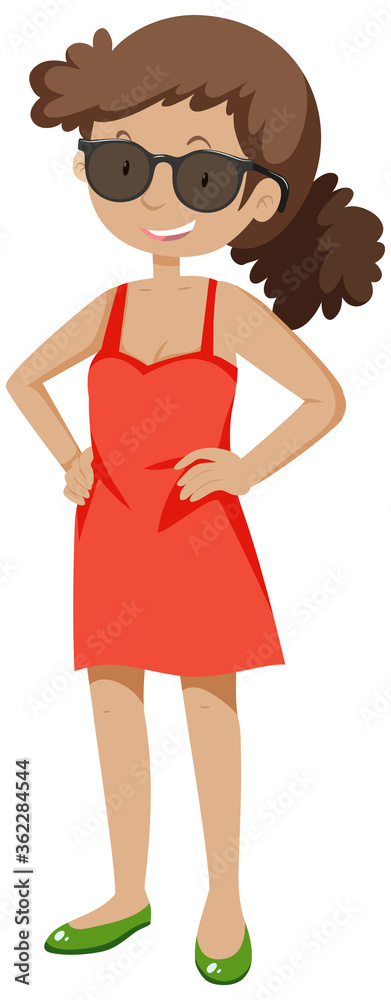 A confident girl in red dress and wearing sunglasses with standing pose cartoon isolated A confident girl in red dress and wearing sunglasses with standing pose cartoon isolated
