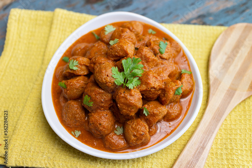 Vegan curry roast healthy soy meat, chunks, ball. Masala Soya Chunk Curry made using Soyabean nuggets and spices - protein rich food from India