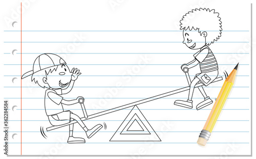 Hand drawing of boy playing seesaw outline