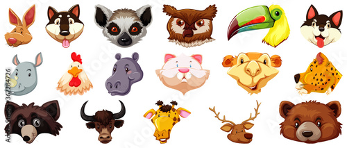 Set of different cute cartoon animals head huge isolated on white background