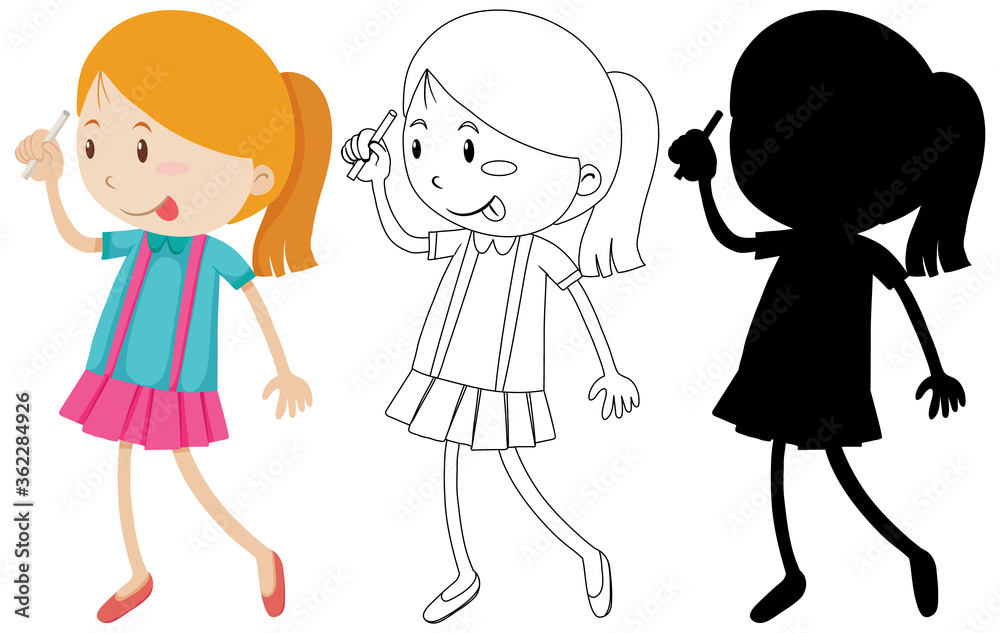 Cute girl in colour and outline and silhouette Cute girl in colour and outline and silhouette