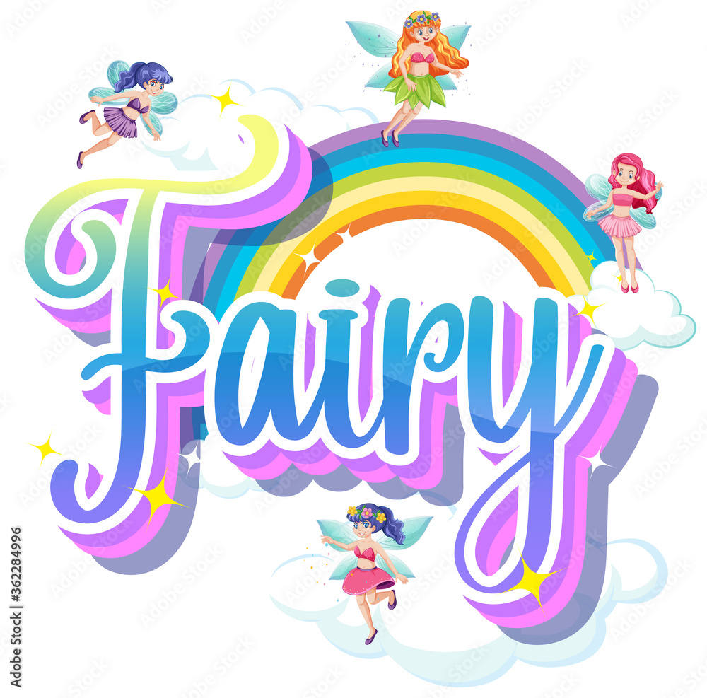 Fairy logo with little fairies and rainbow on white background