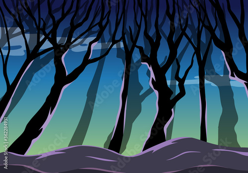 Big tree on dark forest background scene