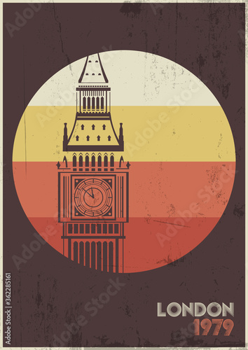 London Tourists Poster 1970s Style, Big Ben Poster, Vintage Colors, Grunge Texture Pattern 