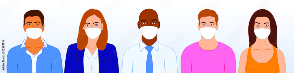 Group of different people wearing face mask against Corona Virus Pandemic for virus protection. Flat vector illustration in minimal style.