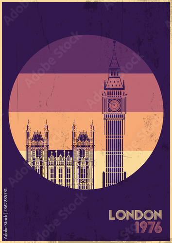 London's Attraction Vintage Tourists Poster, Big Ben, Grunge Texture Pattern 