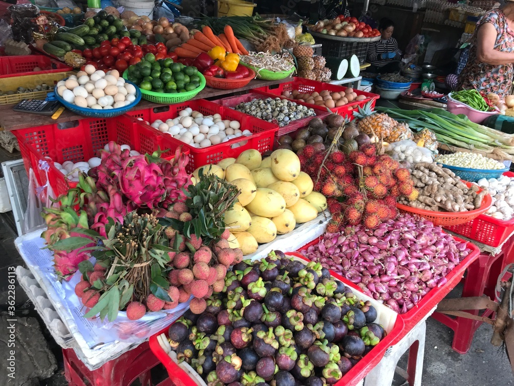 Fresh vegetables and fruits on market in Vietnam Hoian