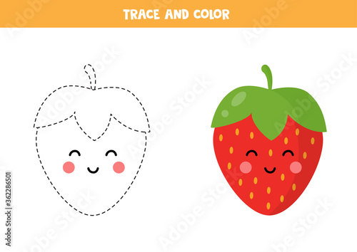Trace and color cute kawaii strawberry. Educational worksheet.