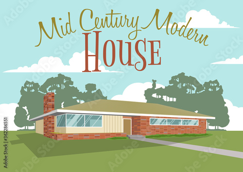 Mid Century Modern House 1950s Style Illustration 