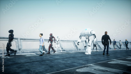 Robot in Sci fi tonnel. Concept of future.. 3d rendering..3d rendering.
