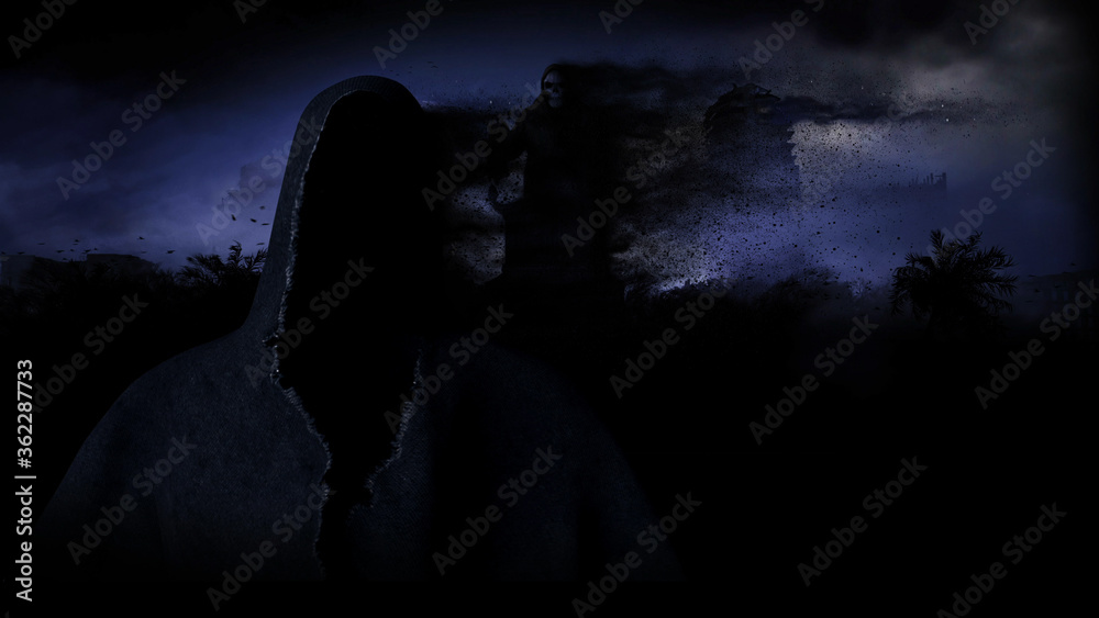 Apocalypse city in fog. Aerial View of the destroyed city. Apocalypse concept. 3d rendering. Apocalypse city in fog. Aerial View of the destroyed city. Apocalypse concept. 3d rendering.