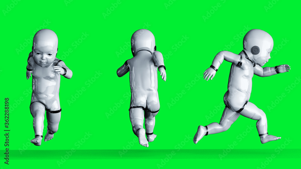 Obraz premium Baby robot isolate on green screen. 3d rendering.