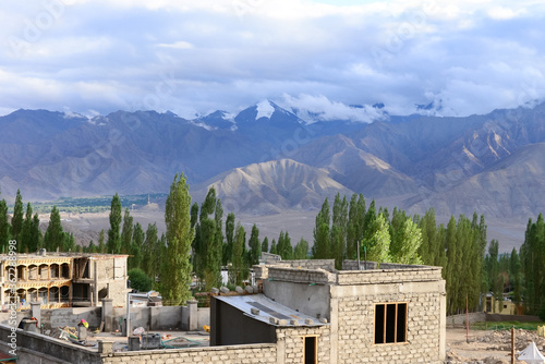 The house under construction with mountain view in Leh Ladakh, Northern India.