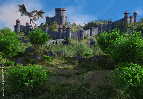 3D Rendered Fantasy Landscape with Dragon and Castle - 3D Illustration