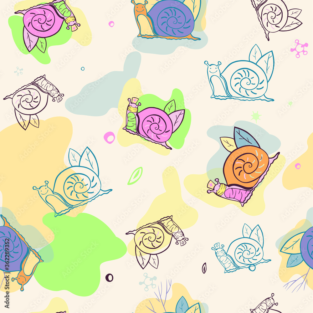 Cartoon design seamless pattern from snails of different colors and snail contours. Beige background with colorful blots, leaves, branches. For fabric, print, linens, bedclothes.
