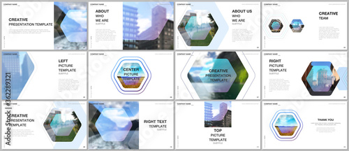 Presentation design vector templates, multipurpose template for presentation slide, flyer, brochure cover design, infographic report. Corporate identity business concept background with hexagons.