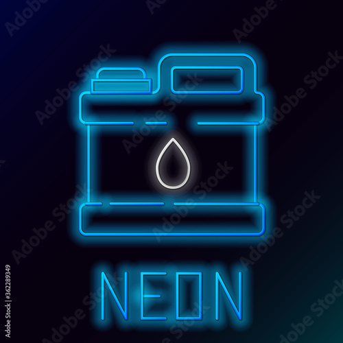 Glowing neon line Plastic canister for motor machine oil icon isolated on black background. Oil gallon. Oil change service and repair. Colorful outline concept. Vector.