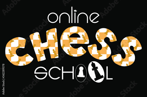 Online chess school (club) logo. Remote education concept.  Hand drawn lettering on black background. brown white chessboard pattern with pieces inside "chess" word. Queen and pawn as "O" letters. 