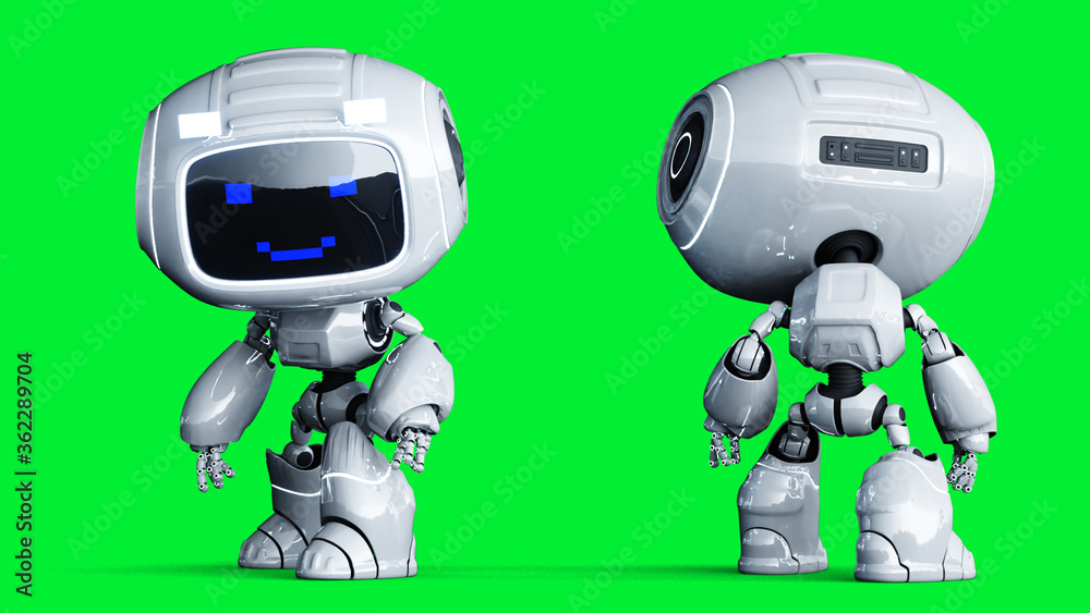 White smiling toy robot animation. 3d rendering. White smiling toy robot animation. 3d rendering.