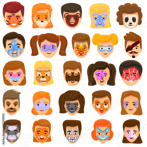 Face painting icons set. Cartoon set of face painting vector icons for web design