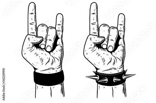 hand with rock and roll sign on white background. Design element for logo, emblem, card,banner, t-shirt. Vector illustration