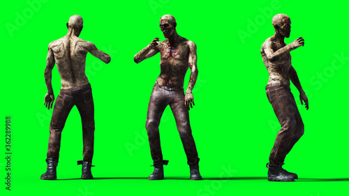 Zombie green screen isolate. Realistic 3d rendering.