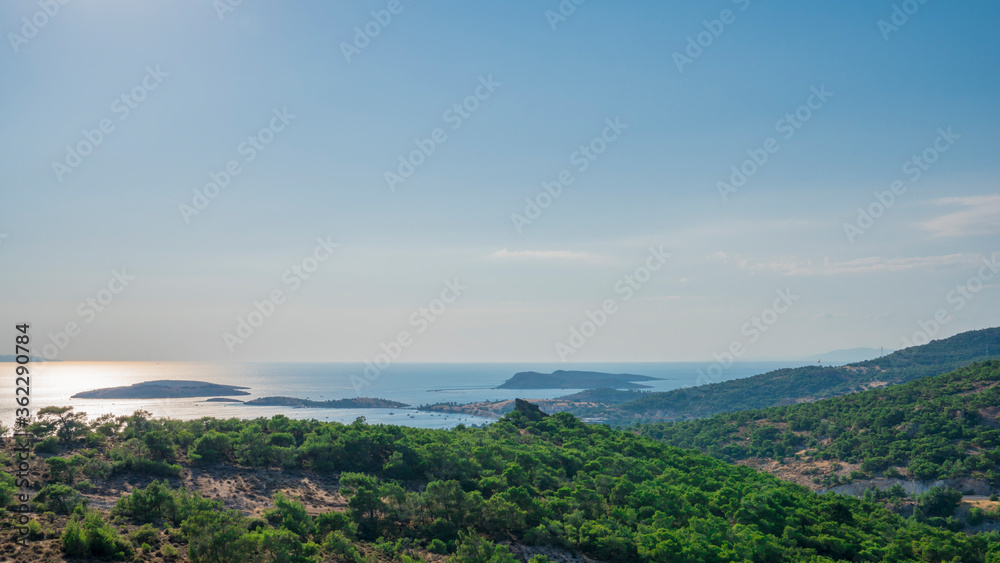 top view of bright sea with blue sky on summer day,unfocused