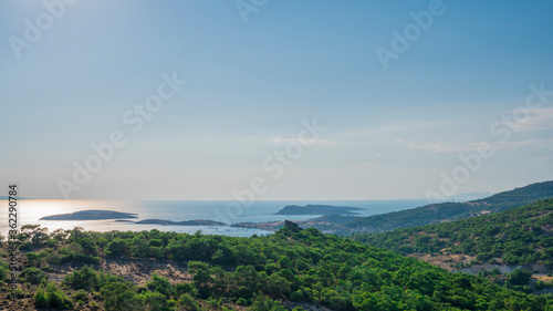 top view of bright sea with blue sky on summer day,unfocused