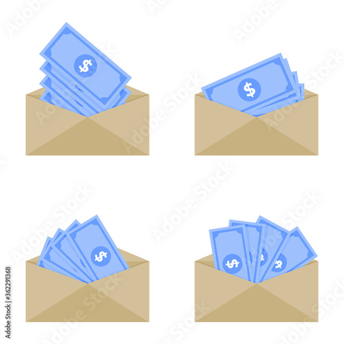 Cash banknote in evelope, bribe or wage, payout income