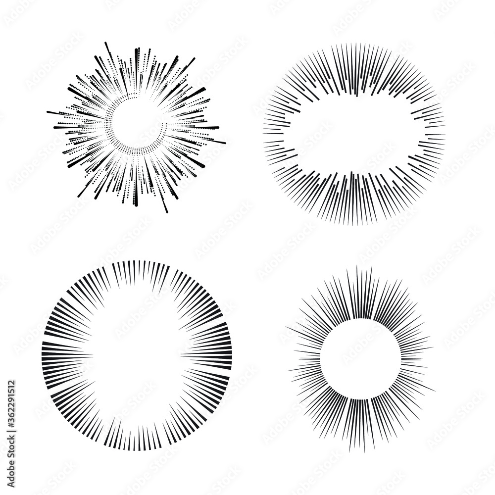 Radial speed Lines in Circle Form for comic books . Explosion background . Vector Illustration .Technology round Logo . Circular Design element . Abstract Geometric shape . Sunburst .