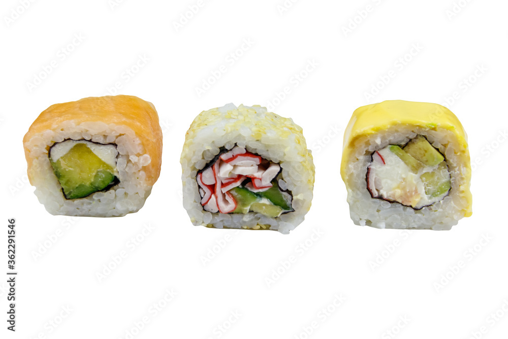 Three different sushi rolls isolated on white background Three different sushi rolls isolated on white background