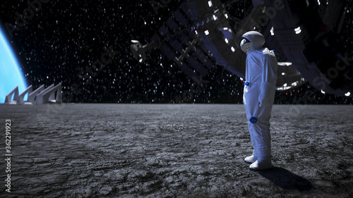 Astronaut on the moon stay idle. 3d render.