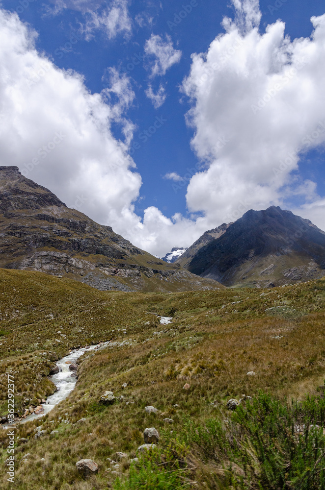 View of the valley landscape in Huascaran with green nature, small river and snow mountains View of the valley landscape in Huascaran with green nature, small river and snow mountains