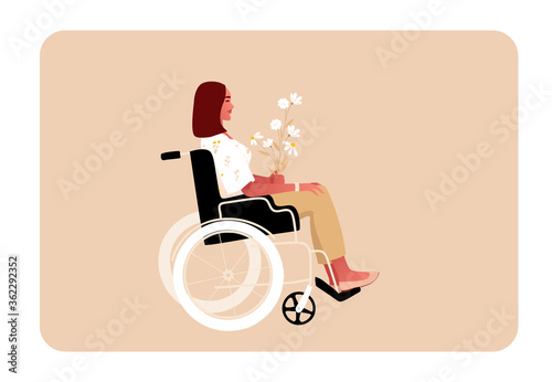 Disabled or temporary disabled sick stylish young woman sitting in wheelchair with bouquet of flowers. Female character. Side view vector illustration in flat cartoon style.