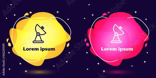 Set line Radar icon isolated on blue background. Search system. Satellite sign. Abstract banner with liquid shapes. Vector Illustration